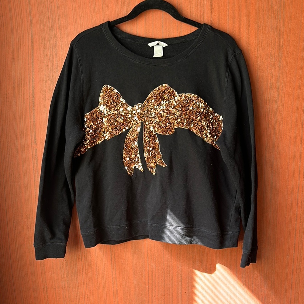 H&M Black Sweater with copper Sequin Bow L